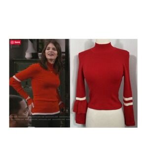 Sweater Womens M Red turtleneck‎ Heart Whisper Striped Ribbed ASO Leslie Curry